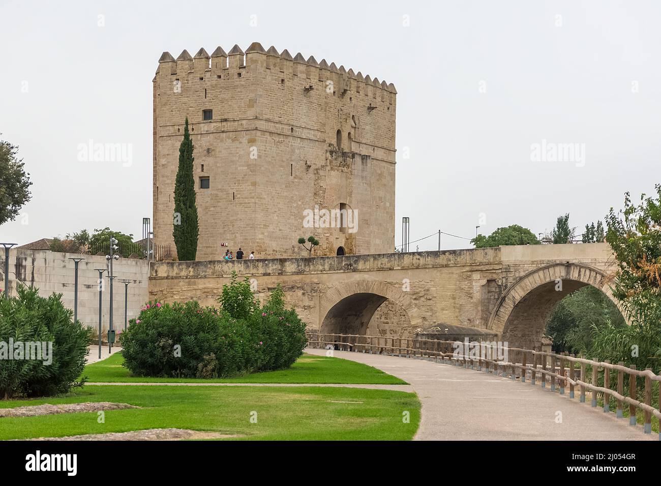 Cordoba Spain - 09 13 2021: View at the Calahorra tower, Torre de la Calahorra, Islamic origin, a fortified gate, Roman Bridge over Guadalquivir river Stock Photo