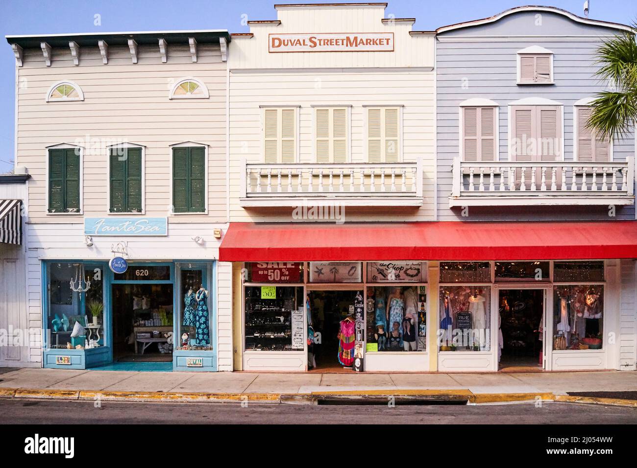 Store fronts long the famous Duval Street shopping area in Old Town in Key West, Florida, USA Stock Photo