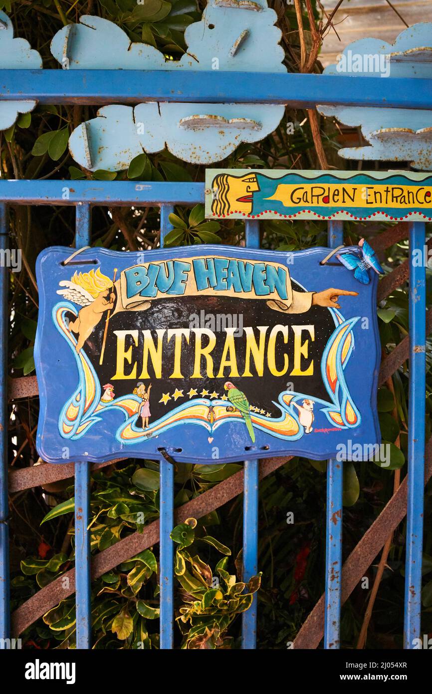 Entrance sign for Blue Heaven Bar and restaurant in Bahama Village, Old Town, Key West, Florida Stock Photo