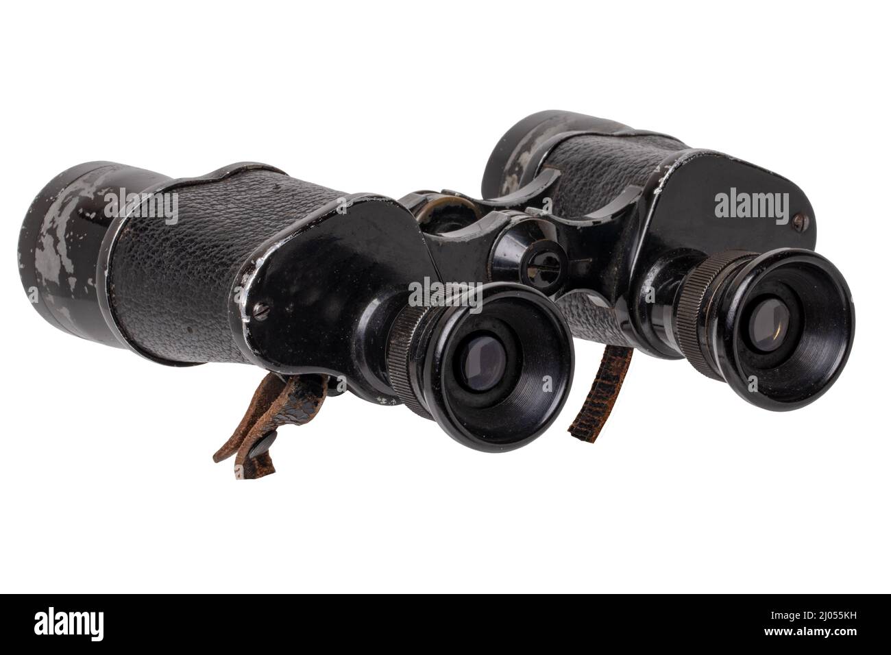 Vintage binoculars isolated. Closeup of an old german Binoculars with