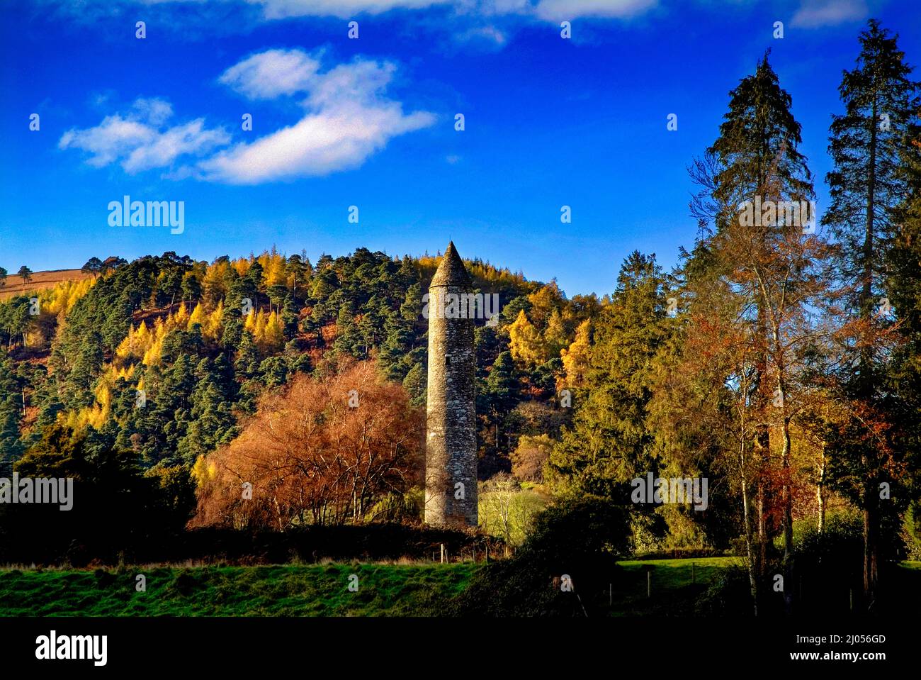 The Round Tower at Glendalough in the Wicklow Mountains National Park, County Wicklow, Ireland Stock Photo