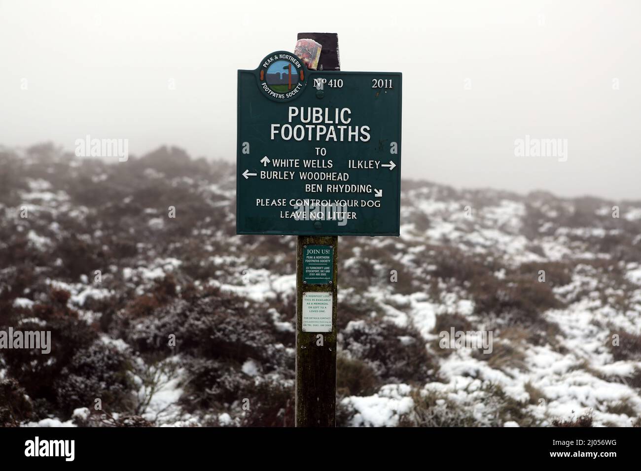 A public footpaths sign in Ilkley Moor in West Yorkshire. Stock Photo