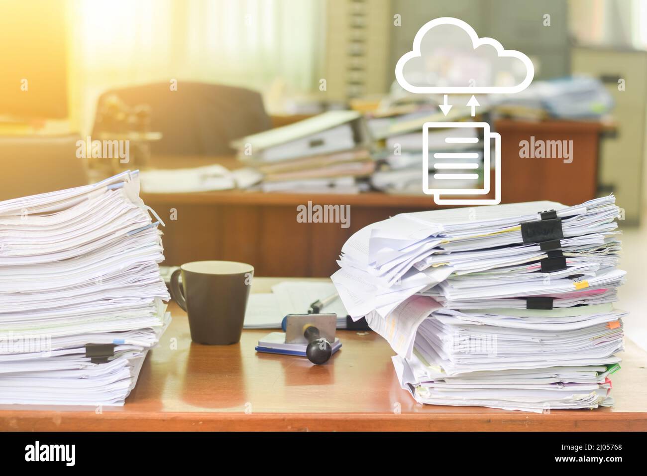 Heap of papers work stack documents on office desk Stock Photo
