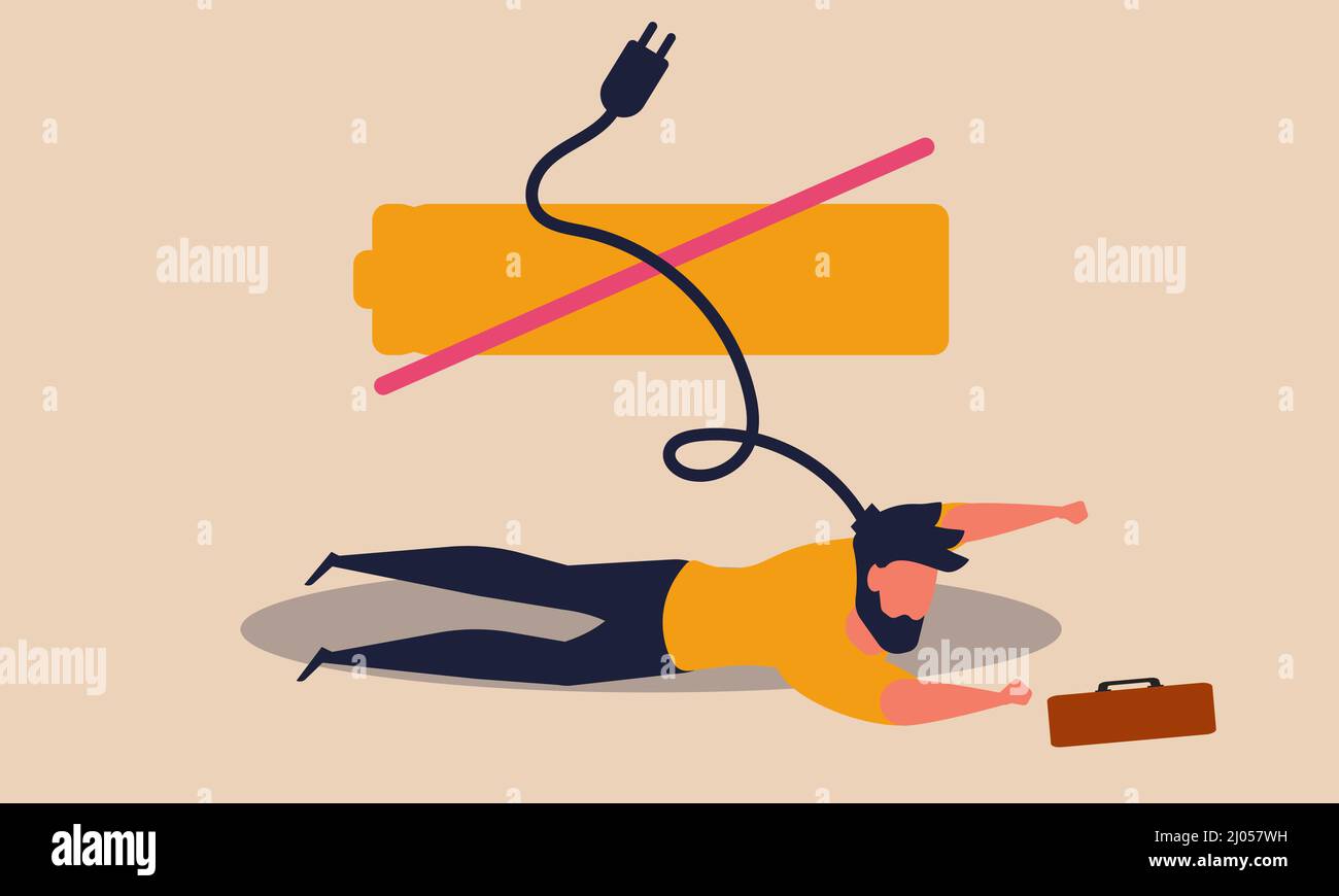 Worker sleep with low battery. Business break character and routine