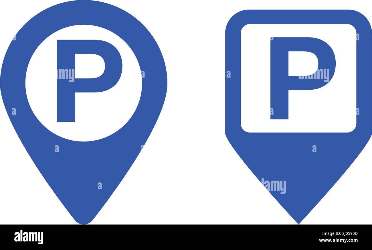 Parking sign map pin icon set. Parking lot location information. Editable vectors. Stock Vector