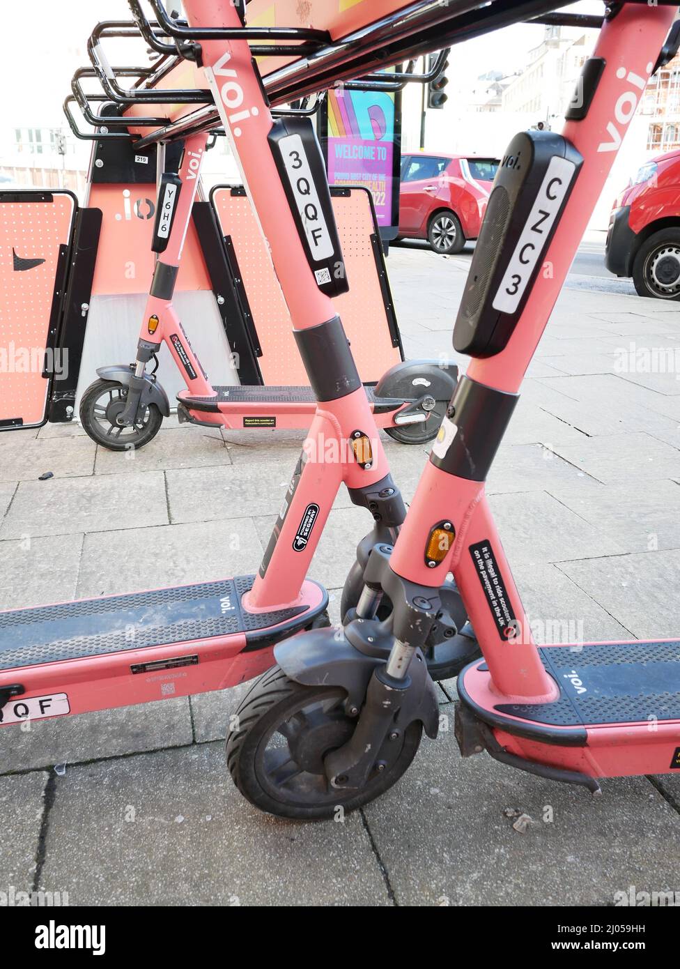 Rental escooters for hire on a city street. Birmingham UK Stock Photo