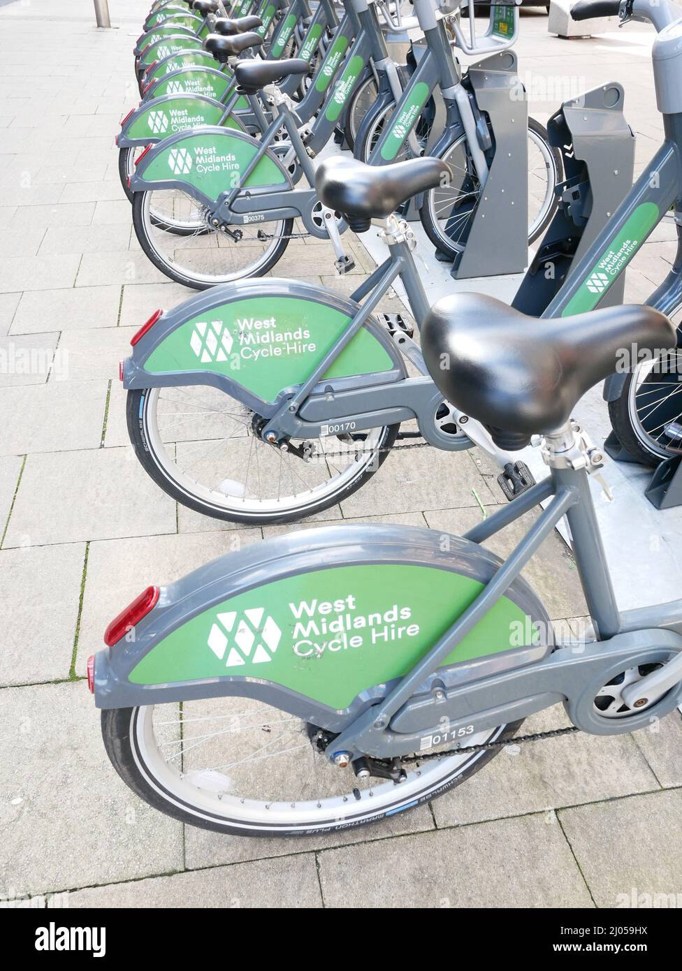 West Midlands Cycle Hire bicycles on street stand in Birmingham, UK Stock Photo
