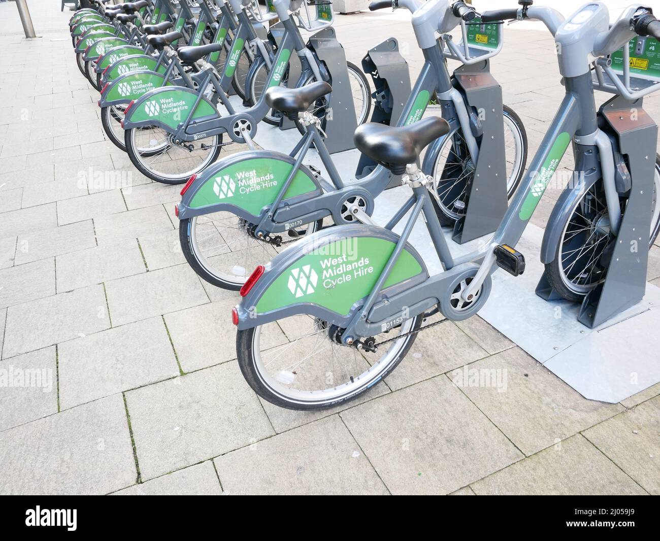 West Midlands Cycle Hire bicycles on street stand in Birmingham, UK Stock Photo