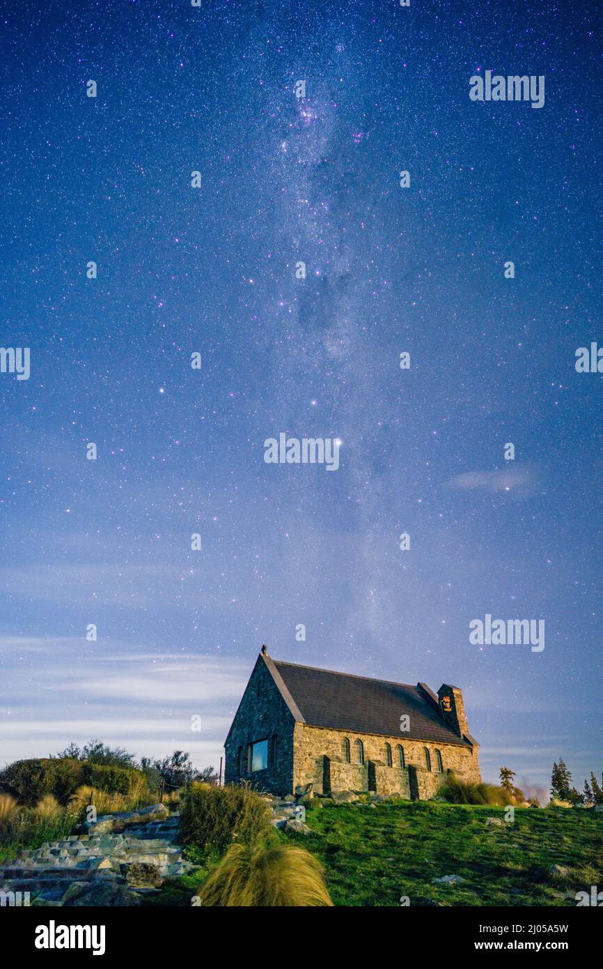 View of the Church of the Good Shepherd under the Milky Way sky Stock ...