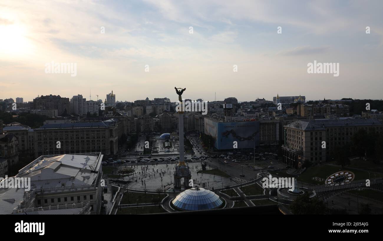 View over the central Independence square, maydan, of Kiev, Ukraine, at sunset, with the independence monument in the middle Stock Photo