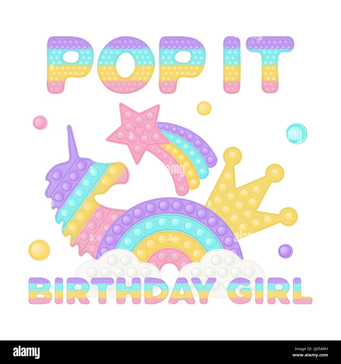 Popit birthday girl sublimation in fidget toy style. Pop it t-shirt design as a trendy silicone toy for fidget in rainbow color. Bubble pop it birthda Stock Vector