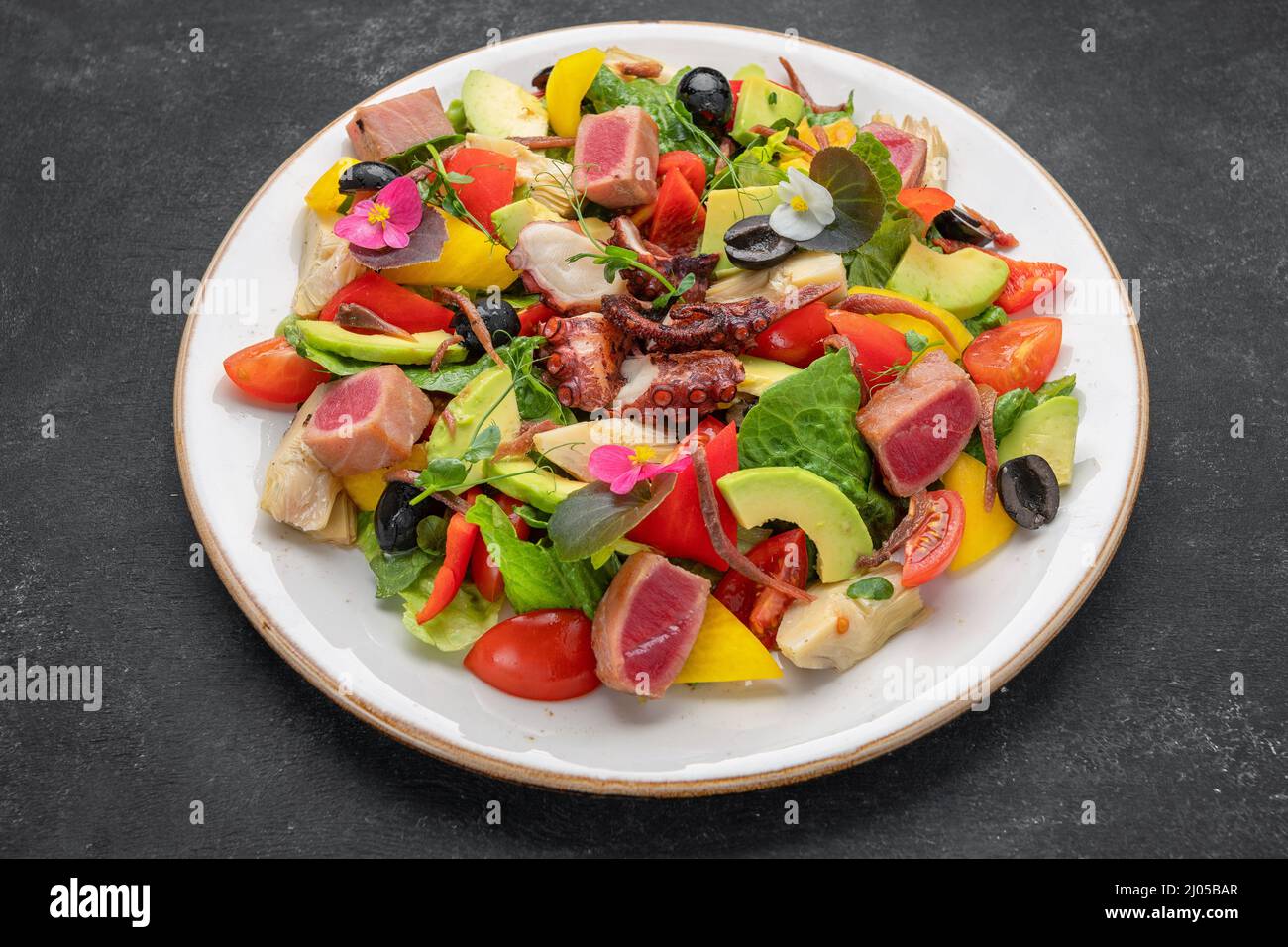 Salad with octopus, tuna and vegetables, on a dark background Stock Photo