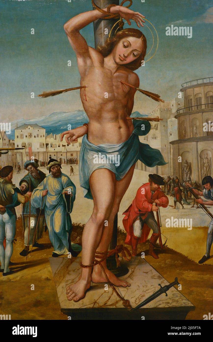 Gregório Lopes (active from 1513 to 1550). Portuguese painter. 'The Martyrdom of Saint Sebastian', 1536-1539. Oil on oak panel (119 x 244 cm). Detail. From the Convent of Christ, Tomar, Portugal. National Museum of Ancient Art. Lisbon, Portugal. Stock Photo