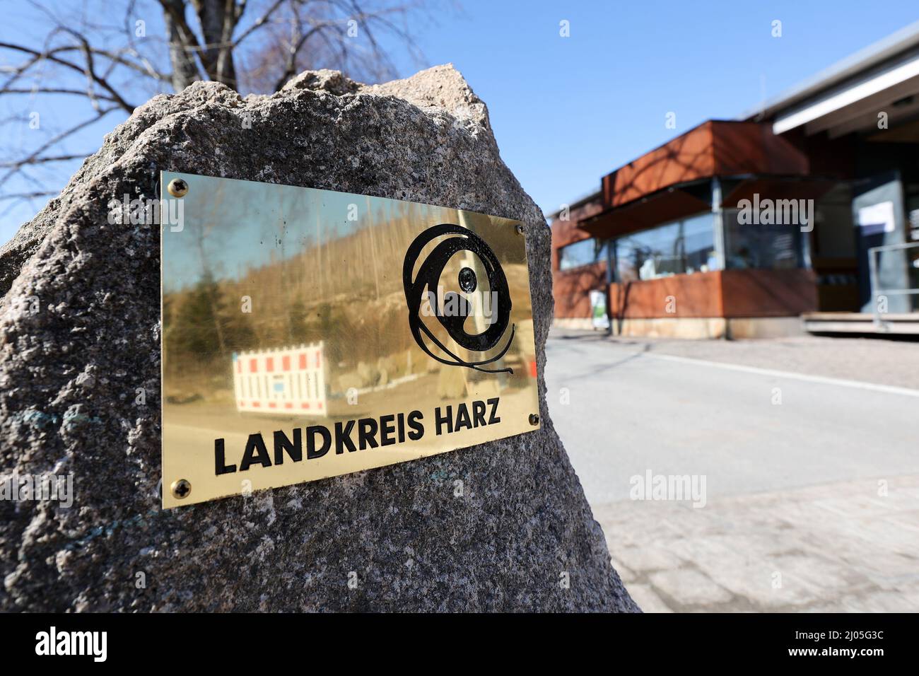 Schierke, Germany. 09th Mar, 2022. A sign with the inscription 'Landkreis Harz' is attached to a stone on a road leading up to the Brocken mountain in the Harz mountains. Credit: Bodo Marks//Bodo Marks/dpa/Alamy Live News Stock Photo