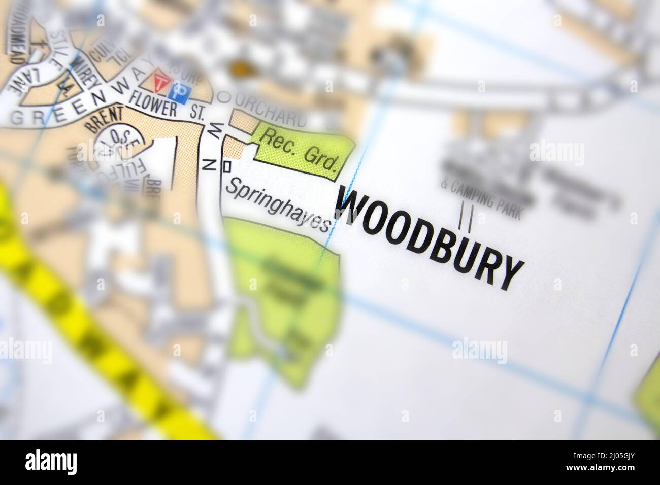 Woodbury village Devon, United Kingdom colour atlas map and town plan