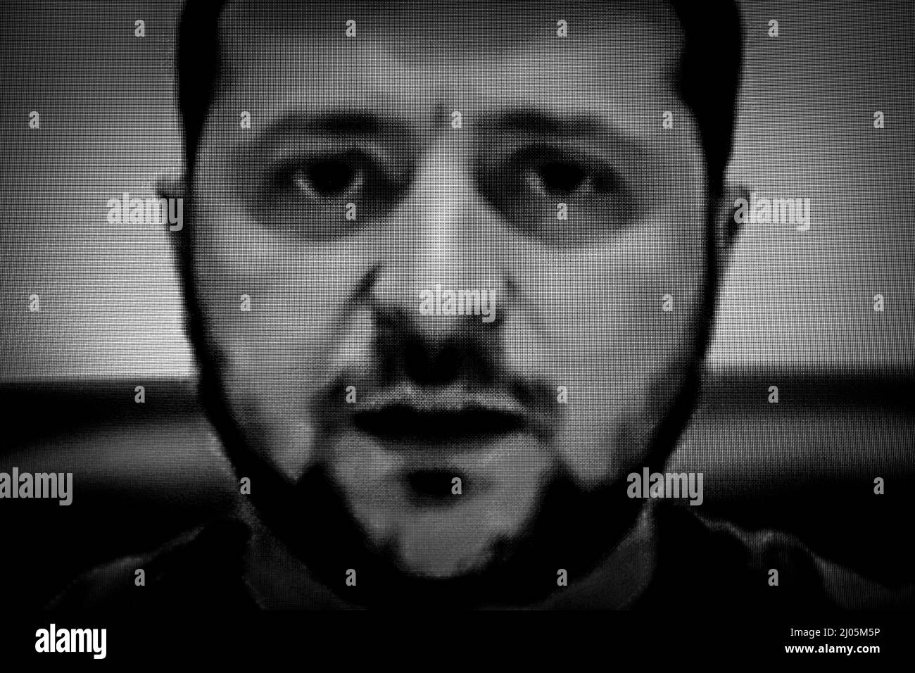 The image of Ukrainian President Volodymyr Zelenskyy is seen on a television screen during his virtual address to Congress by at the US Capitol, in Washington, DC, Wednesday, March 16, 2022. The address included graphic images and videos of the current war in Ukraine. Credit: Rod Lamkey/CNP Stock Photo