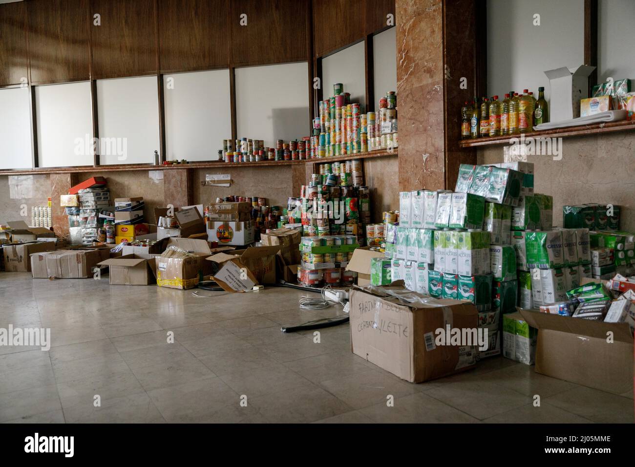 Thousands of boxes of donated non-perishable foods and other home items --even pet foods -- are stored in one of many large office buildings throughout Odessa. Stockpiling food and other needed supplies, both for civilians and for fighters, has almost completely replaced daily work llife in Odessa, Ukraine, on March 15, 2022. (Photo by John Rudoff/Sipa USA) Credit: Sipa USA/Alamy Live News Stock Photo