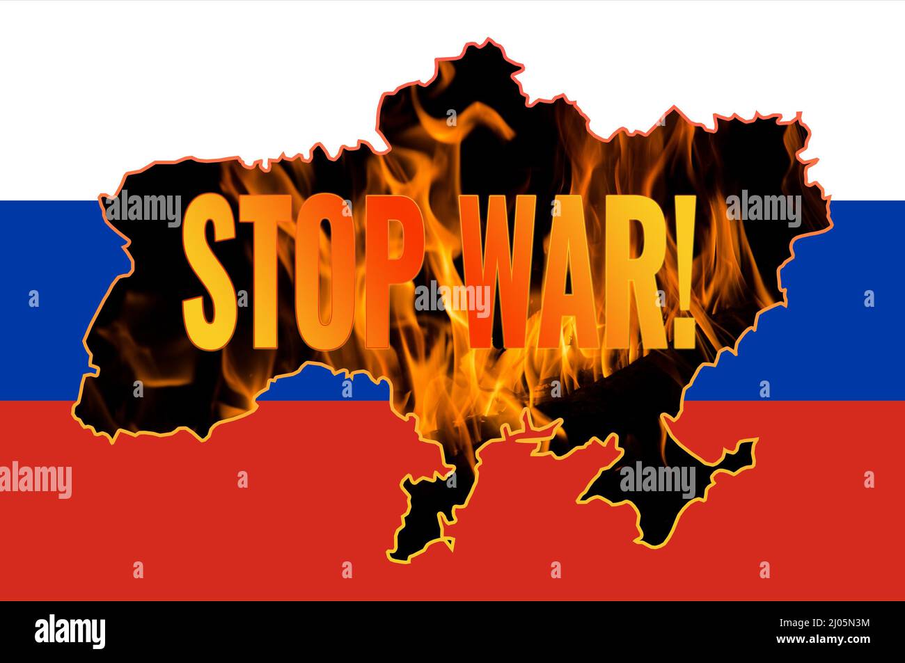 Map of Ukraine on fire. Outline map of Ukraine on the background of the flag of Russia. Anti-war concept. Stock Photo