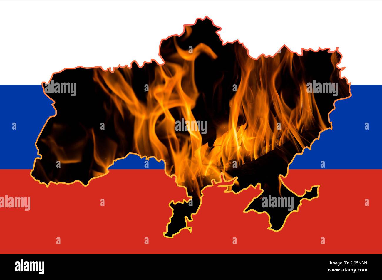 Map of Ukraine on fire. Outline map of Ukraine on the background of the flag of Russia. Anti-war concept. Stock Photo