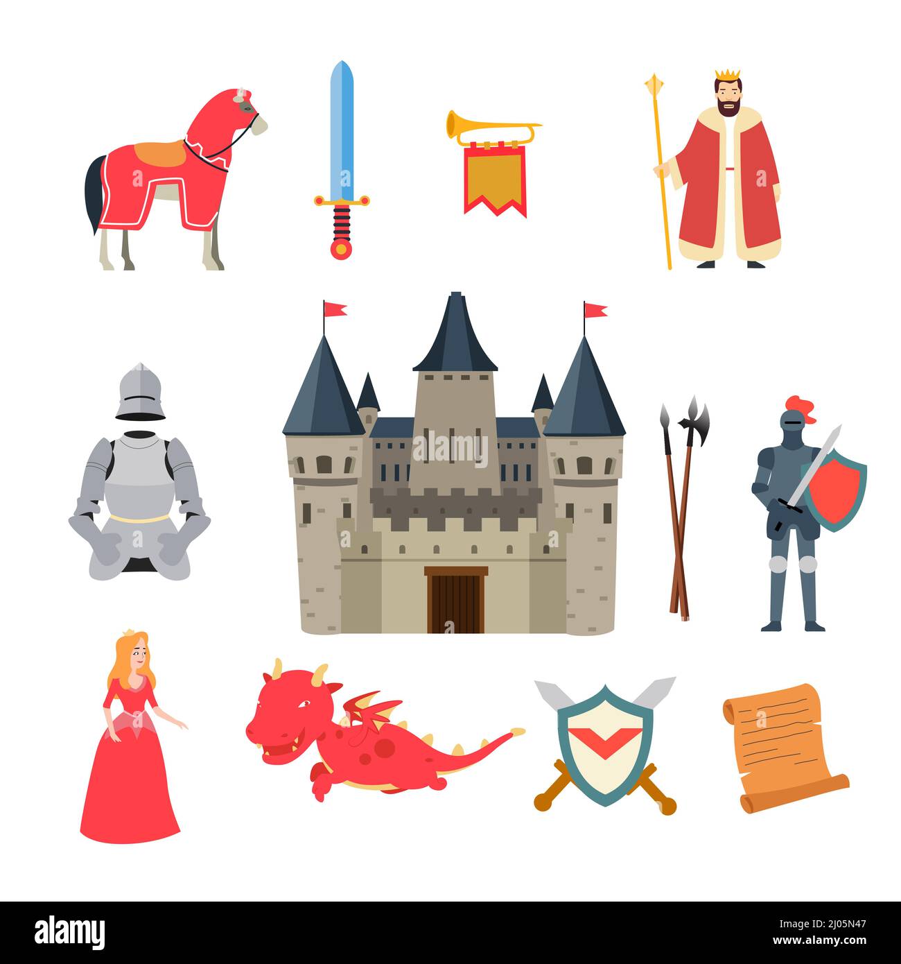 A vector illustration of Medieval Fantasy Knight Dragon Icons Stock Vector