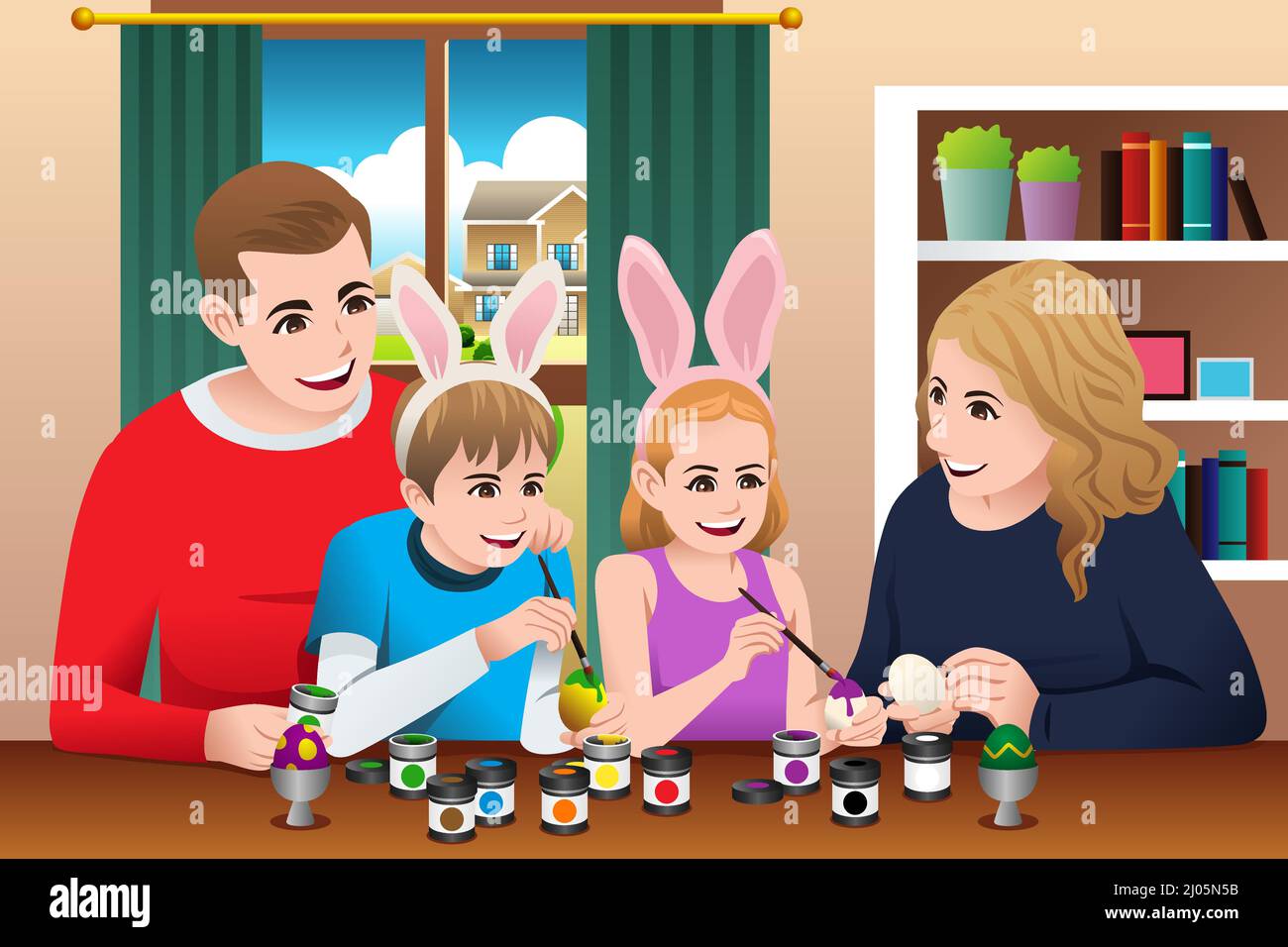 A vector illustration of Happy Family Celebrating Easter Painting Easter Egg Stock Vector