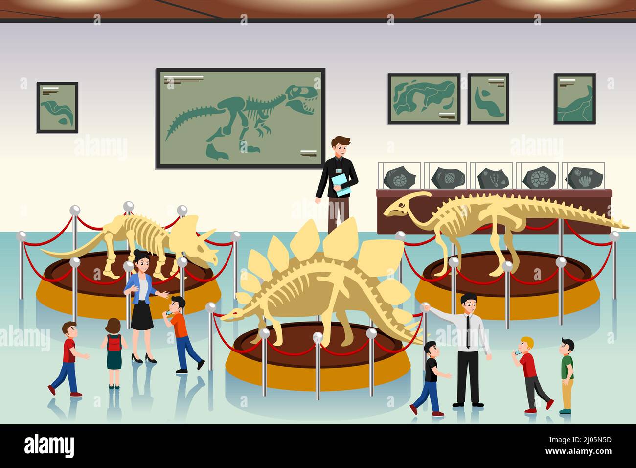 A vector illustration of School Chidren Field Trip to Dinosaurs Museum Stock Vector