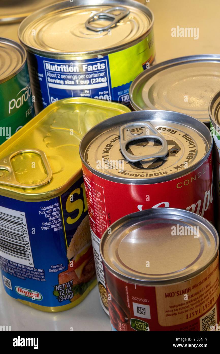 Canned goods in a household pantry, 2022, USA Stock Photo Alamy