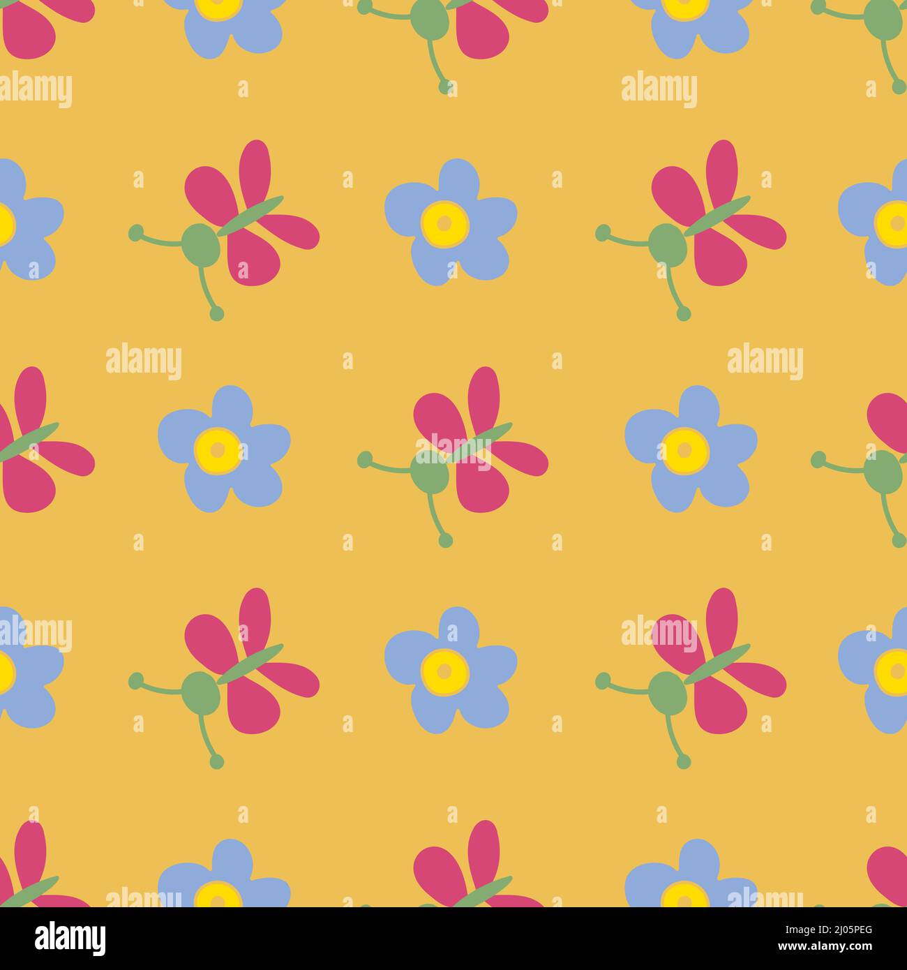 Flowers and butterfly on yellow background. Seamless, repeated pattern. Stock Vector