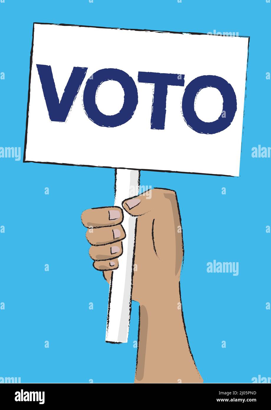 Brazilian hand holding placard sign saying VOTO - meaning Vote in Portuguese. Simple illustration with blue background. Stock Photo