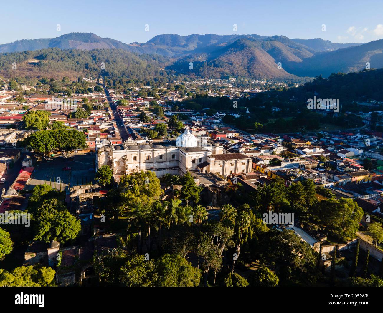 Aerial photograph of Iglesia Cat—lica San Francisco el Grande and Antigua, Guatemala on a beautiful morning. Stock Photo
