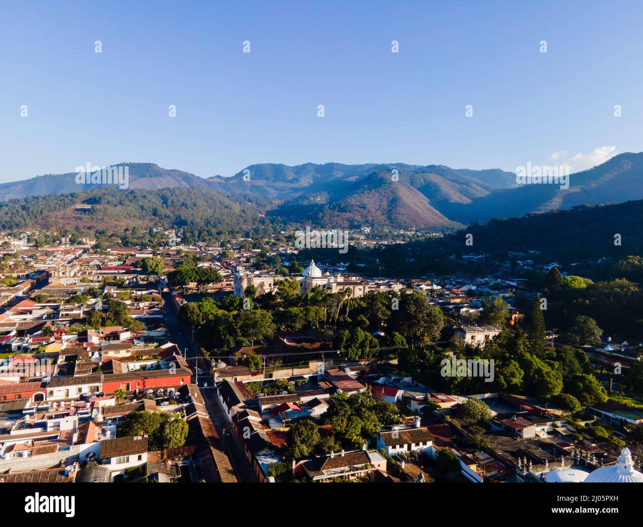 Aerial photograph of Antigua, Guatemala on a beautiful morning Stock