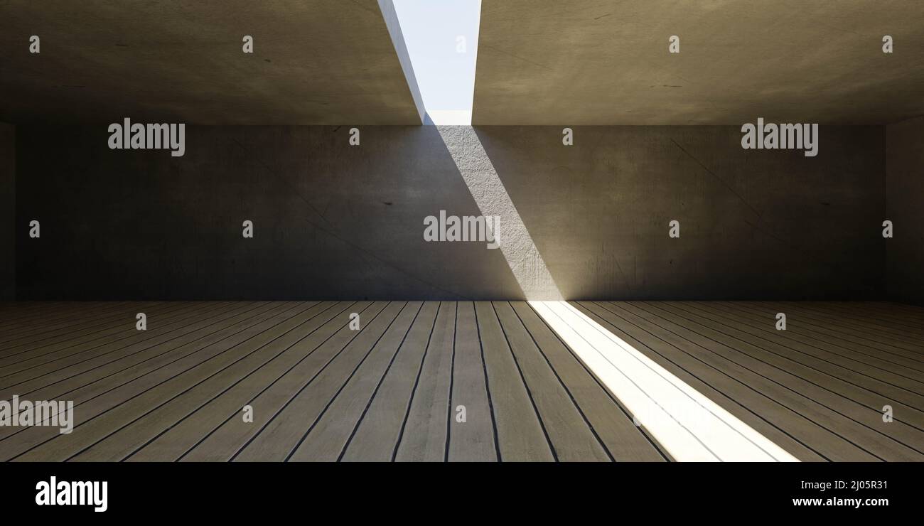 Basement Floor Rendering empty concrete basement interior with sky and day lighting and wood ...