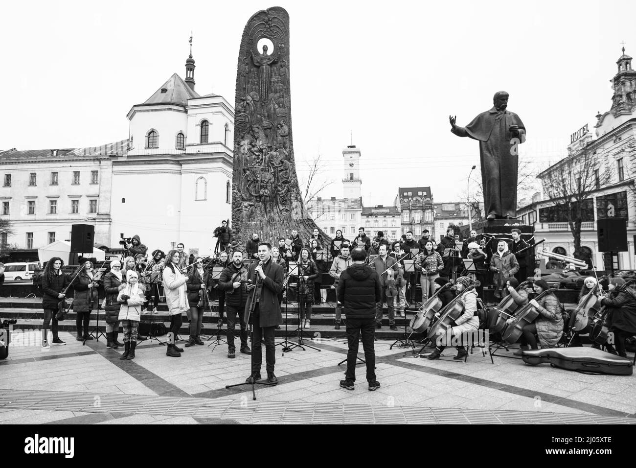 Lviv, Ukraine - March 16, 2022: INSO-Lviv Symphony Orchestra of Lviv National Philharmonic Society performed on Svobody Avenue in Lviv as part of the Stock Photo