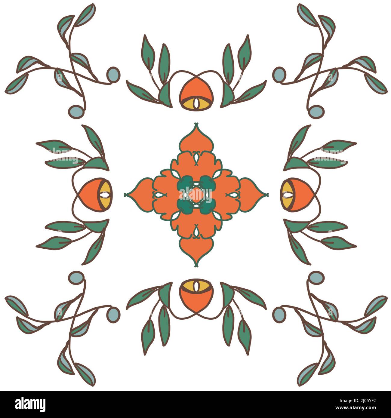 Hand drawn and inked repetitive design for square tile with floral ...