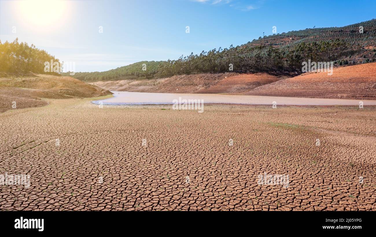 Landscape of low water and dry land in advance, severe drought in the ...