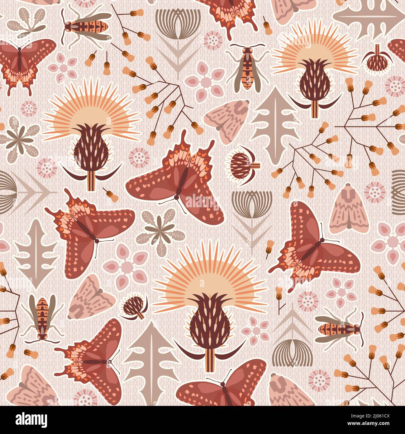 Herbaceous prickly stylized thistle and other “unwanted” plants aka weeds surrounded by pollinators butterflies, wasp and moth. Earthy terracotta hues Stock Vector