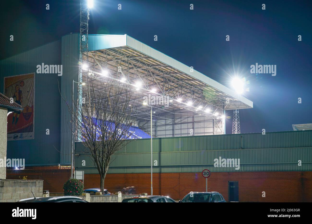 The Bebington Kop stand, at Tranmere Rovers Prenton Park Ground, viewed from Borough Road, Birkenhead. Image taken in March 2022. Stock Photo