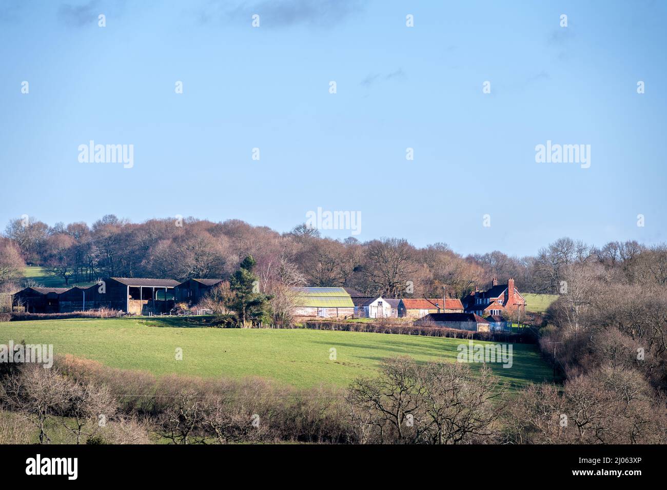 WEALDEN, ENGLAND - FEBRUARY 14th, 2022: Farm in Wealden in winter, East Sussex, England Stock Photo