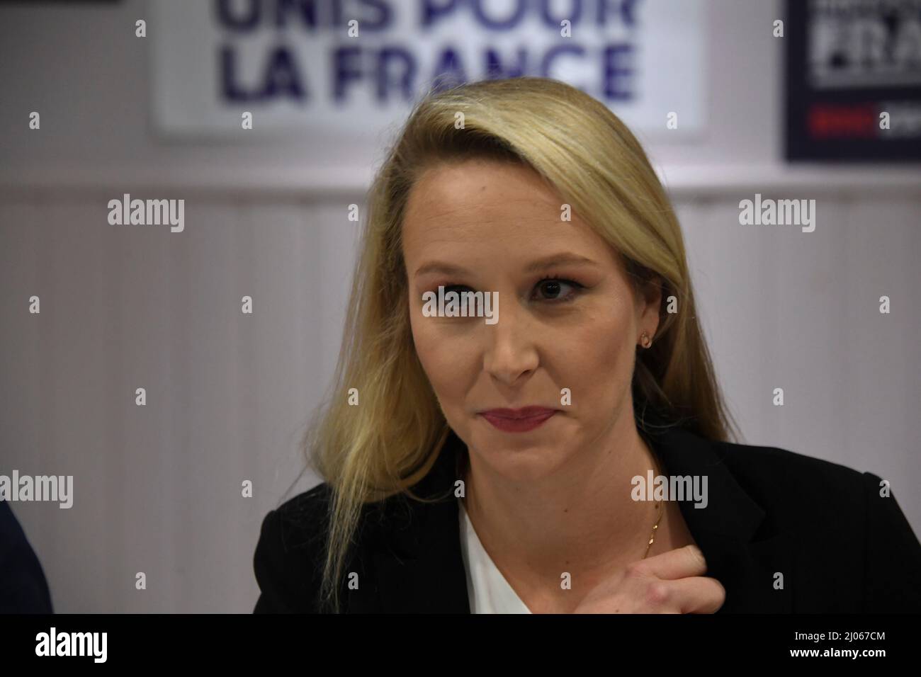 France, Saint-Jean-le-Blanc, 2022-03-16. Meeting of Marion Maréchal LE PEN, former Rassemblement National and now supporter of Eric Zemmour, in the presence of Guillaume Peltier, the deputy of Loir-et-Cher, Photograph by Francois Pauletto Credit: francois pauletto/Alamy Live News Stock Photo