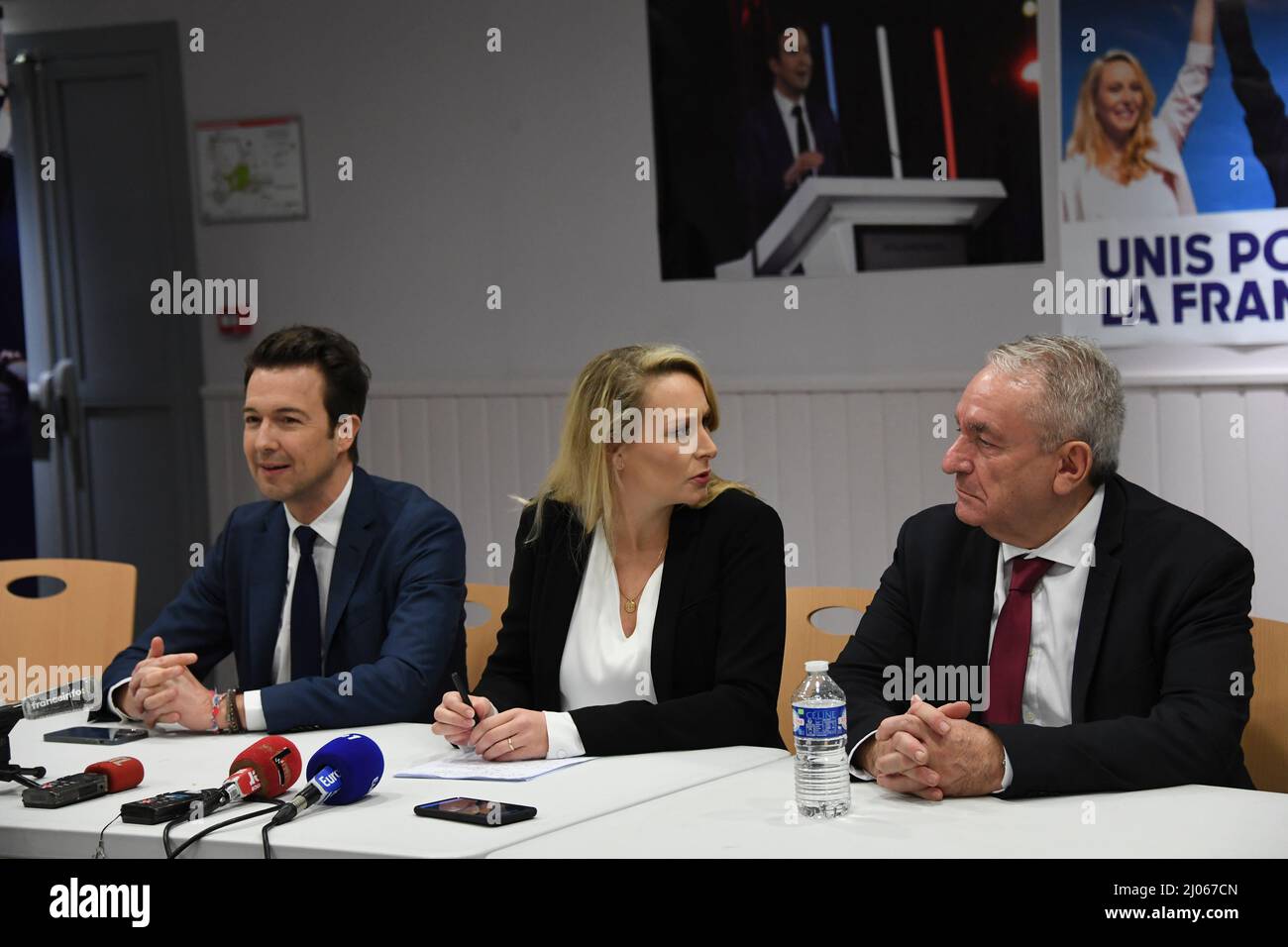 France, Saint-Jean-le-Blanc, 2022-03-16. Meeting of Marion Maréchal LE PEN, former Rassemblement National and now supporter of Eric Zemmour, in the presence of Guillaume Peltier, the deputy of Loir-et-Cher, Photograph by Francois Pauletto Credit: francois pauletto/Alamy Live News Stock Photo