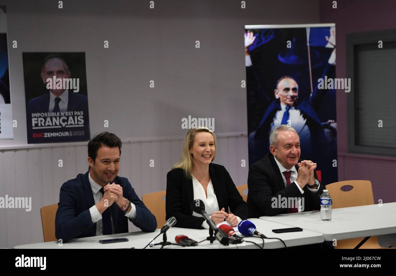 France, Saint-Jean-le-Blanc, 2022-03-16. Meeting of Marion Maréchal LE PEN, former Rassemblement National and now supporter of Eric Zemmour, in the presence of Guillaume Peltier, the deputy of Loir-et-Cher, Photograph by Francois Pauletto Credit: francois pauletto/Alamy Live News Stock Photo