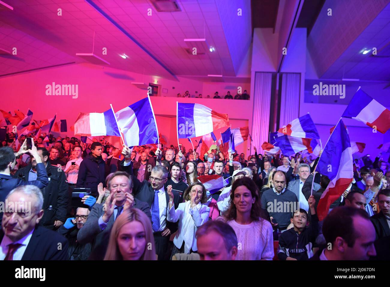 France, Saint-Jean-le-Blanc, 2022-03-16. Meeting of Marion Maréchal LE PEN, former Rassemblement National and now supporter of Eric Zemmour, in the presence of Guillaume Peltier, the deputy of Loir-et-Cher, Photograph by Francois Pauletto Credit: francois pauletto/Alamy Live News Stock Photo