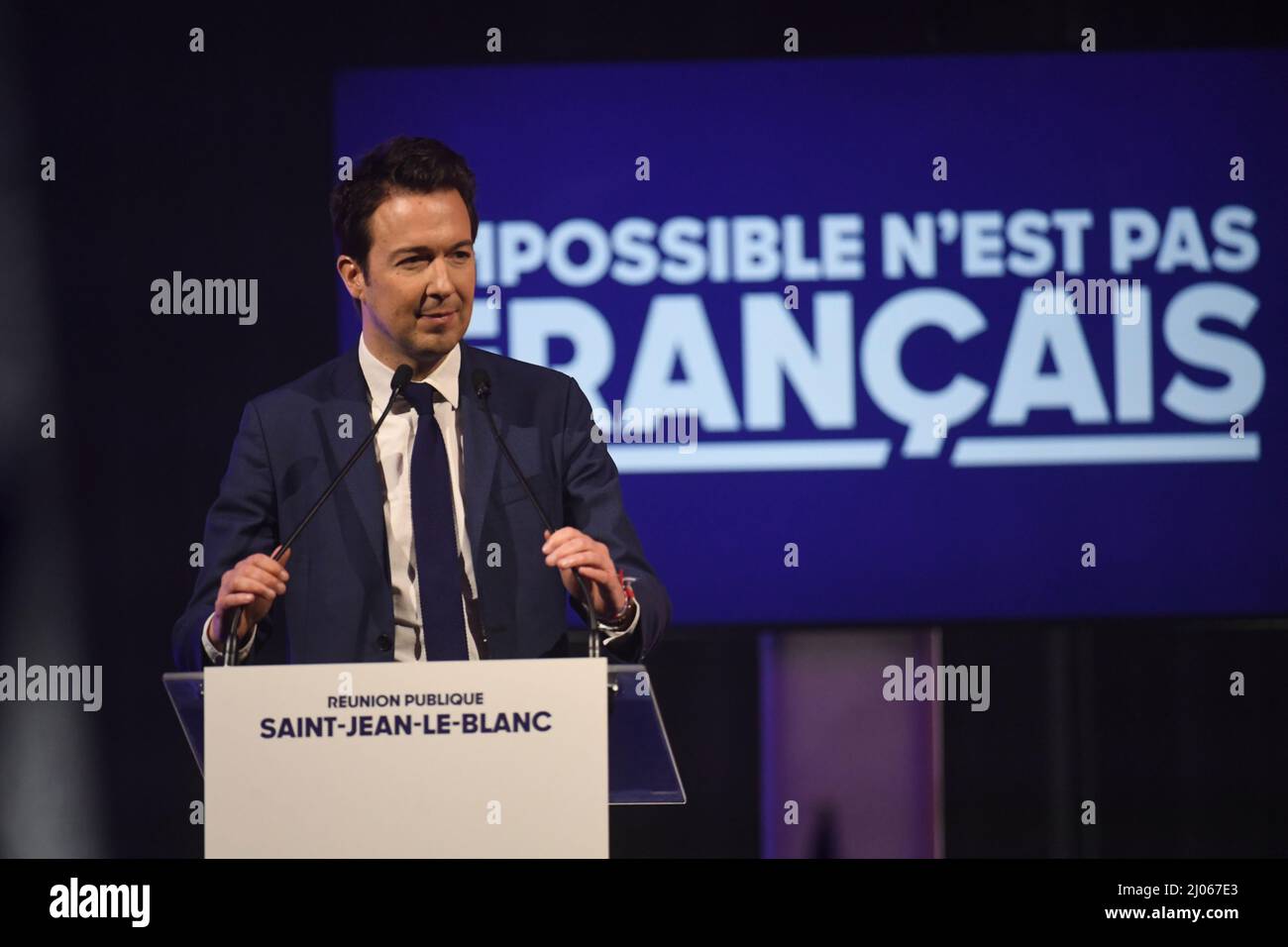 France, Saint-Jean-le-Blanc, 2022-03-16. Meeting of Marion Maréchal LE PEN, former Rassemblement National and now supporter of Eric Zemmour, in the presence of Guillaume Peltier, the deputy of Loir-et-Cher, Photograph by Francois Pauletto Credit: francois pauletto/Alamy Live News Stock Photo