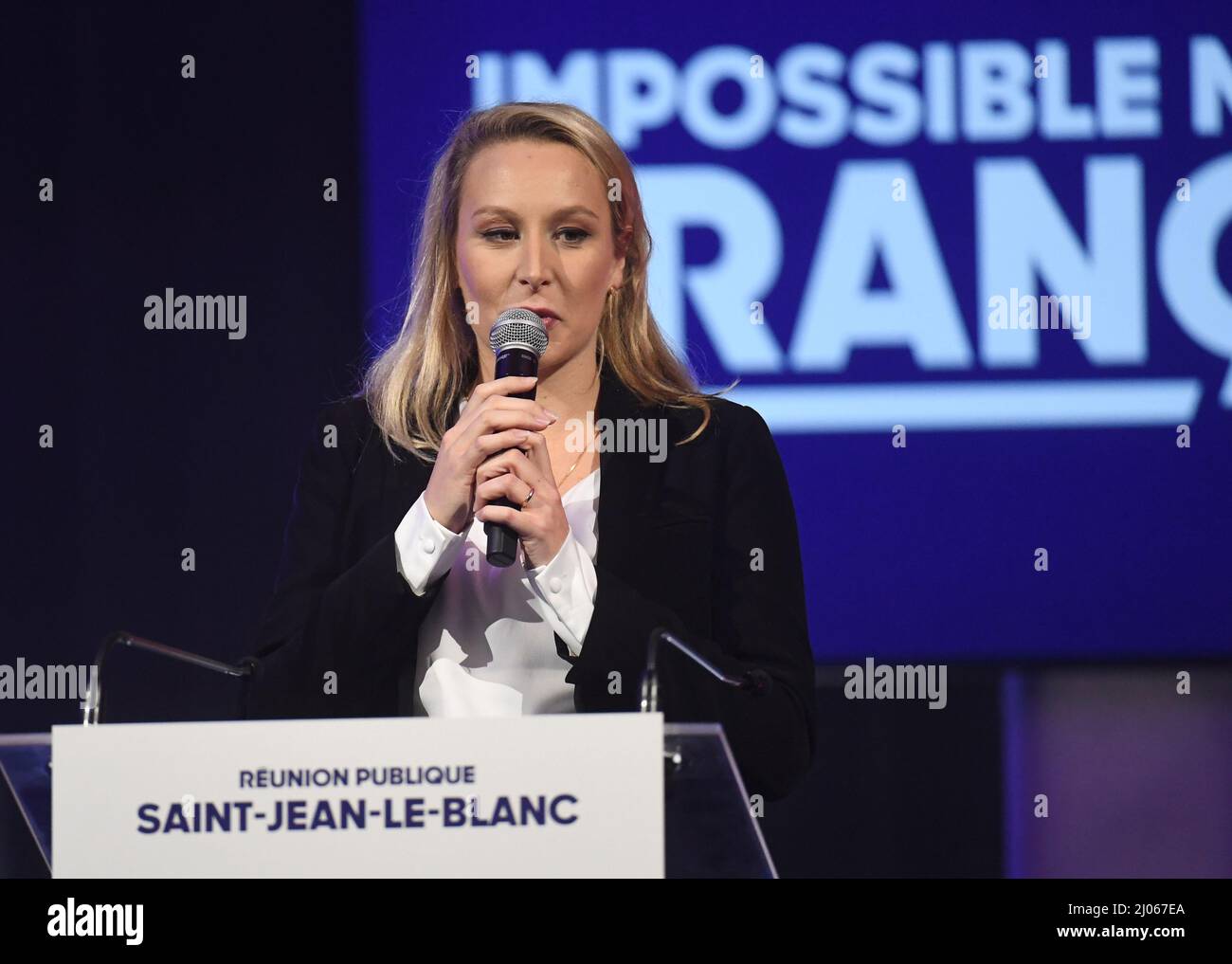 France, Saint-Jean-le-Blanc, 2022-03-16. Meeting of Marion Maréchal LE PEN, former Rassemblement National and now supporter of Eric Zemmour, in the presence of Guillaume Peltier, the deputy of Loir-et-Cher, Photograph by Francois Pauletto Credit: francois pauletto/Alamy Live News Stock Photo