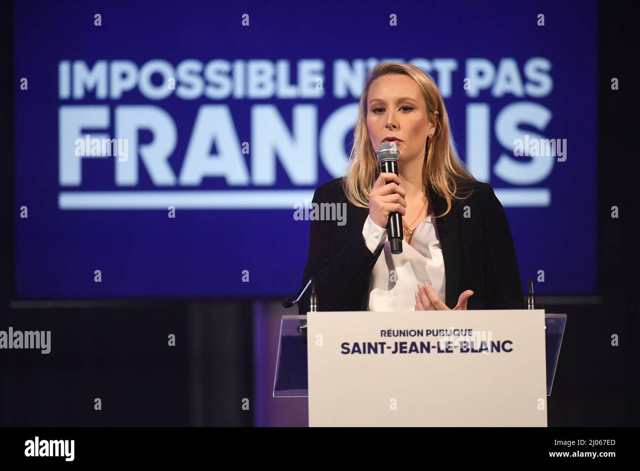France, Saint-Jean-le-Blanc, 2022-03-16. Meeting of Marion Maréchal LE PEN, former Rassemblement National and now supporter of Eric Zemmour, in the presence of Guillaume Peltier, the deputy of Loir-et-Cher, Photograph by Francois Pauletto Credit: francois pauletto/Alamy Live News Stock Photo