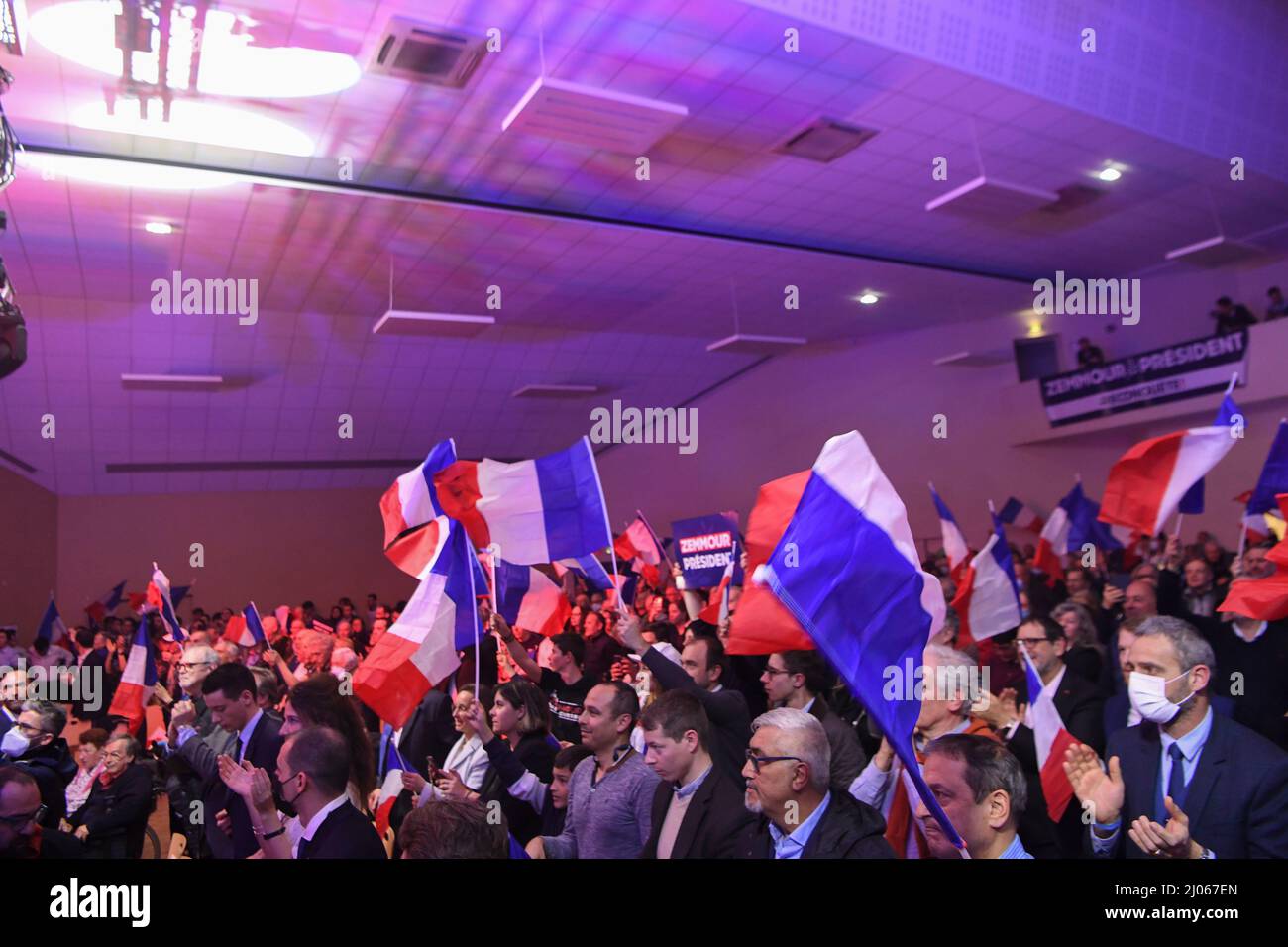 France, Saint-Jean-le-Blanc, 2022-03-16. Meeting of Marion Maréchal LE PEN, former Rassemblement National and now supporter of Eric Zemmour, in the presence of Guillaume Peltier, the deputy of Loir-et-Cher, Photograph by Francois Pauletto Credit: francois pauletto/Alamy Live News Stock Photo