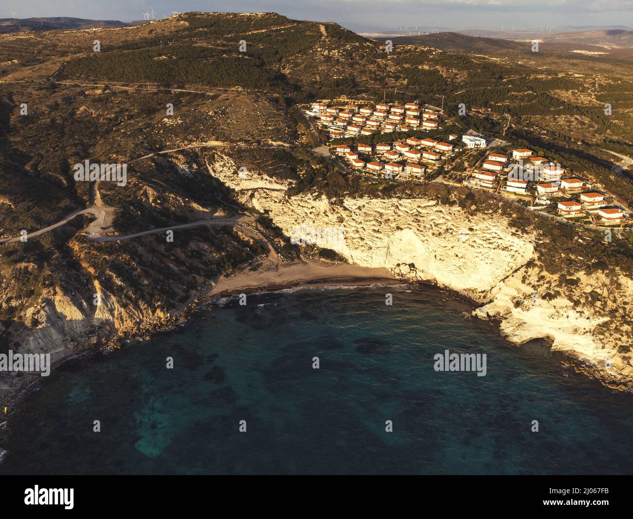 Aerial top view of Kleopatra beach with summer houses, beach and sea with no people because the season is winter Stock Photo