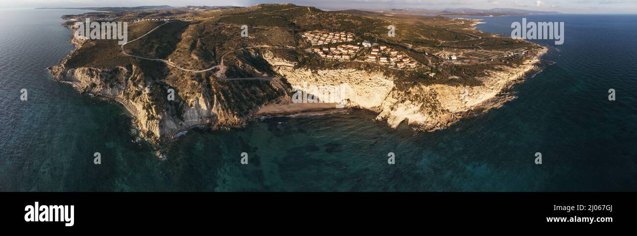 Aerial Panoramic view of Kleopatra beach and Cesme peninsula at Cesme Izmir Turkey Stock Photo