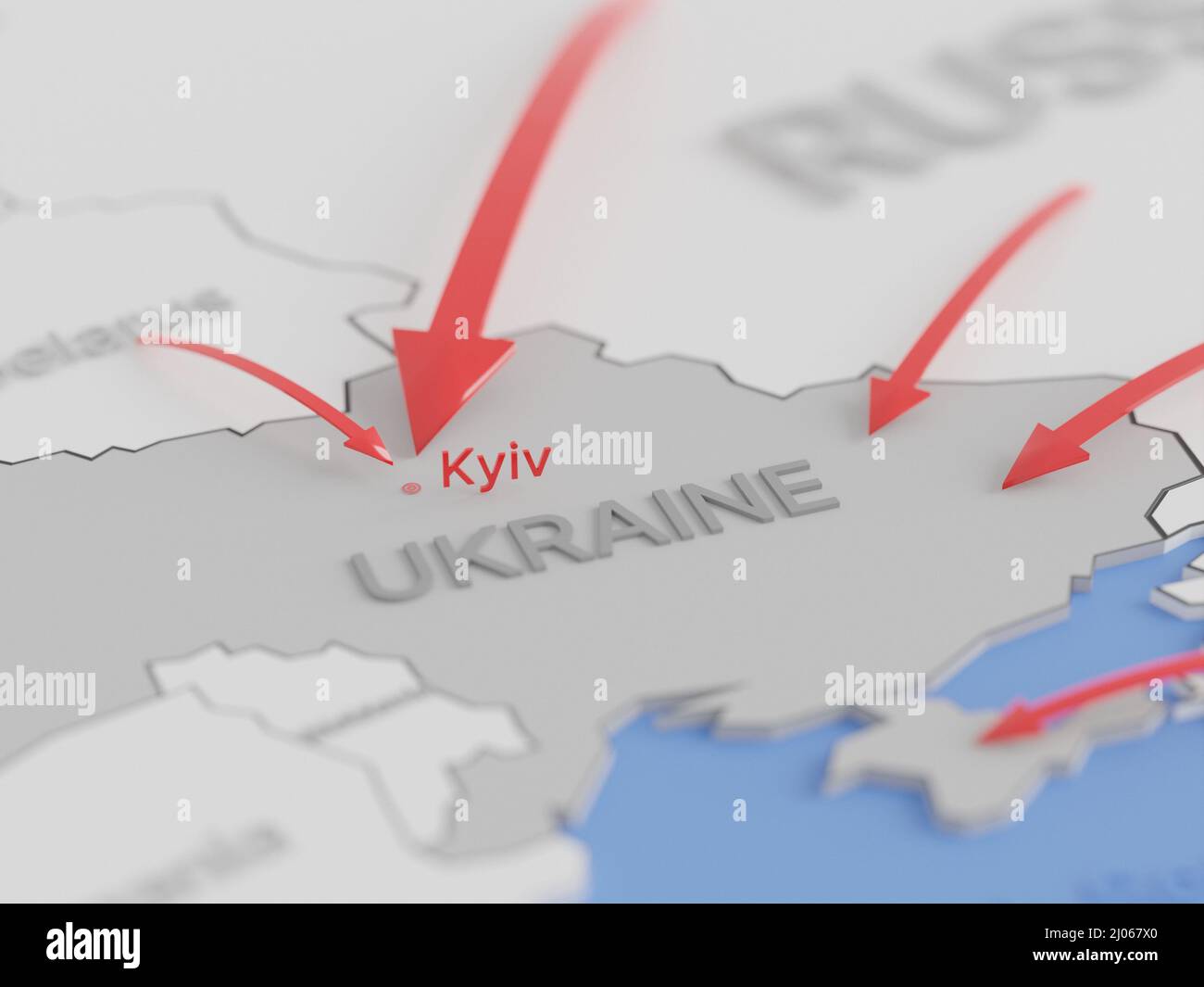 Map of Ukraine showing the advance of the Russian invasion in March 2022. Digital 3D rendering. Stock Photo