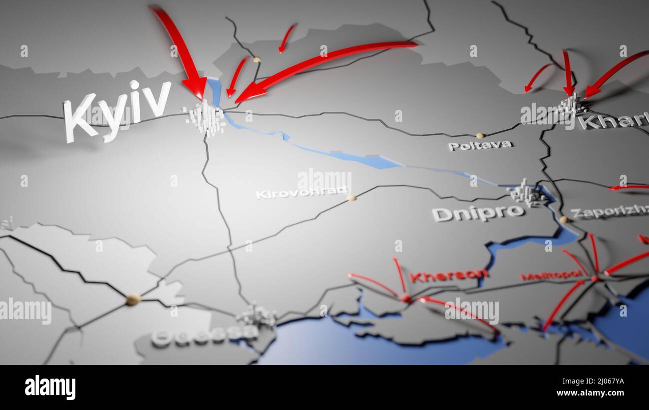 Map of Ukraine showing the advance of the Russian invasion in March 2022. Digital 3D rendering. Stock Photo